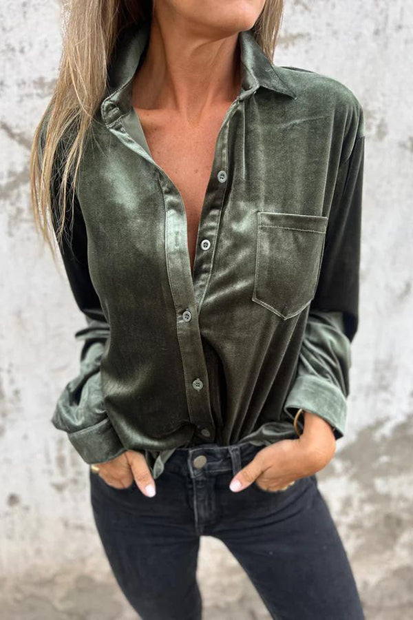 Solid Velvet Long-sleeved Single-breasted Loose Pocket Shirt