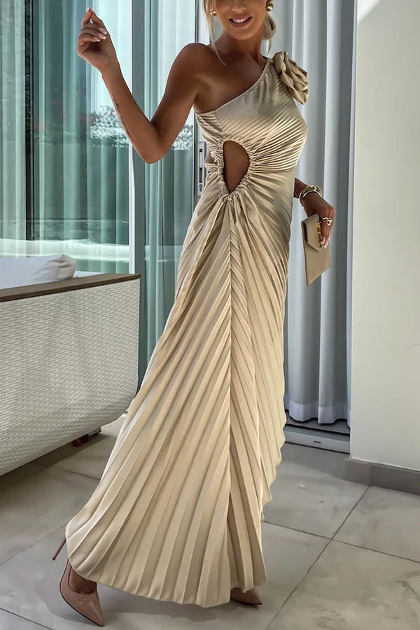 Romantic Nights Satin Raised Flower Elastic Cutout One Shoulder Pleated Maxi Dress