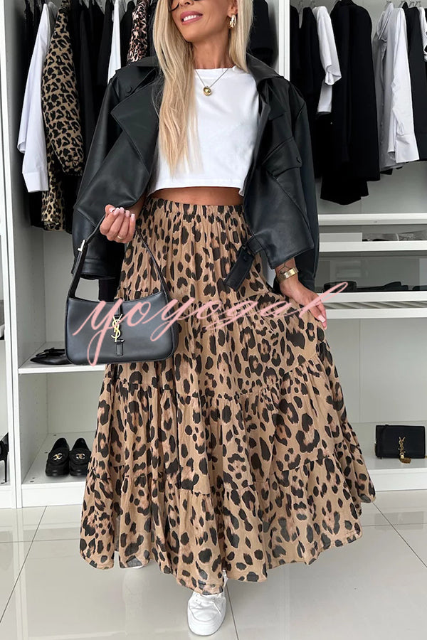 Unique and Comfortable Leopard Print Elastic Waist A-line Layered Maxi Skirt