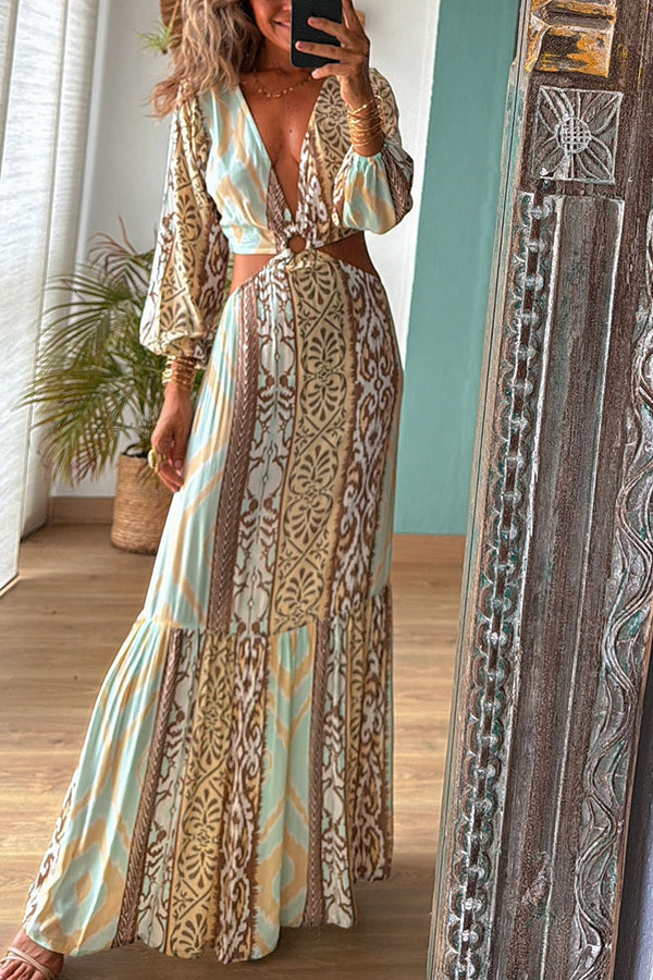 Sefora Unique Color Block Print Long Sleeve Ring Cutout Back Tie-up Maxi Dress