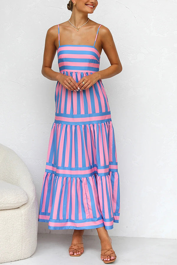 Beachy Dreams Striped Print Back Smocked Pocket A-line Slip Midi Dress