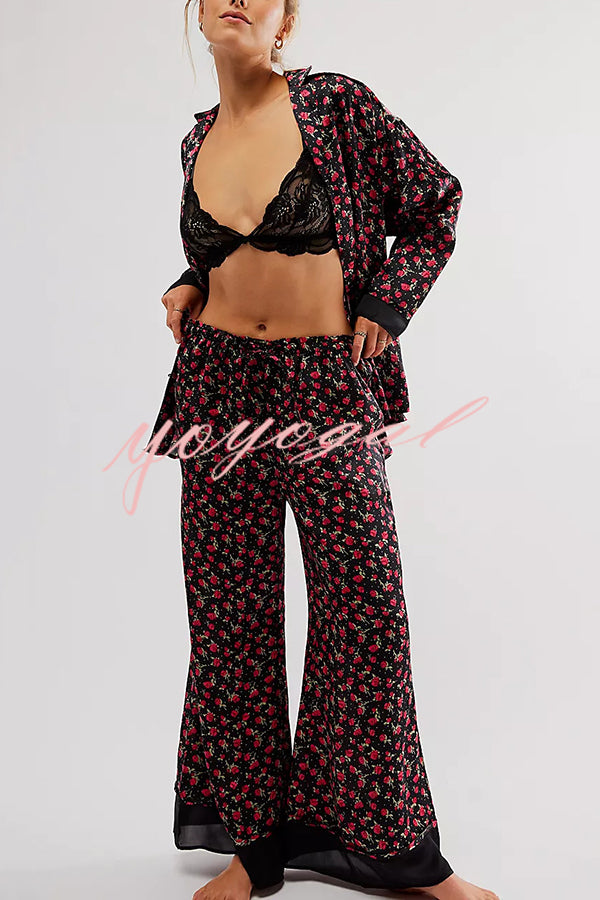 Unique Printed Lounge Long-sleeved Shirt and Elastic Waisted Baggy Pants Set