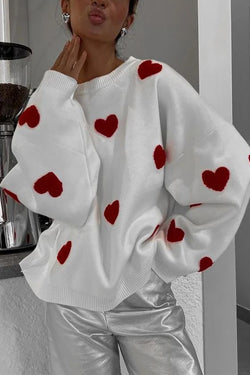 Fashionable Embroidered Love Loose Round Neck Long Sleeve Knitted Sweater