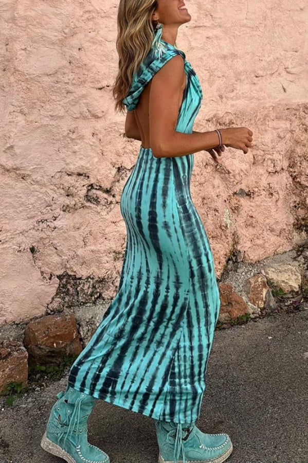 Pietra Tie Dye Print Scoop Neck Backless Hooded Stretch Maxi Dress