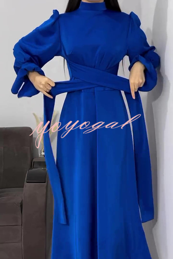 Solid Color Ruffled Sleeves Waisted Tie Slim Fit Maxi Dress