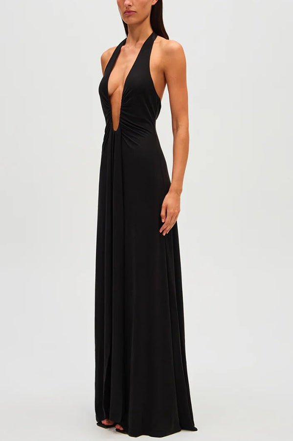 Sexy Silhouette Deep U-neck Halter Waterfall Sash Drape Maxi Dress