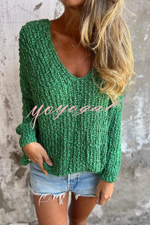 Solid Color V-neck Long-sleeved Loose Knitted Sweater