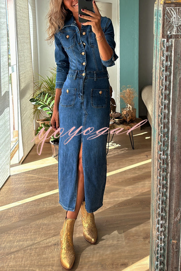 Tessy Denim Metal Button Zipper Shirt Stretch Pencil Slit Midi Dress