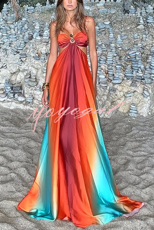 Neon Sunset Printed Metal Decoration Cutout Back Tie-up Vacation Maxi Dress