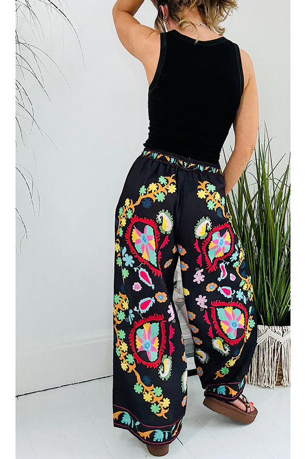 Hippie Style Unique Floral Denim Print Elastic Waist Pocketed Wide Leg Pants