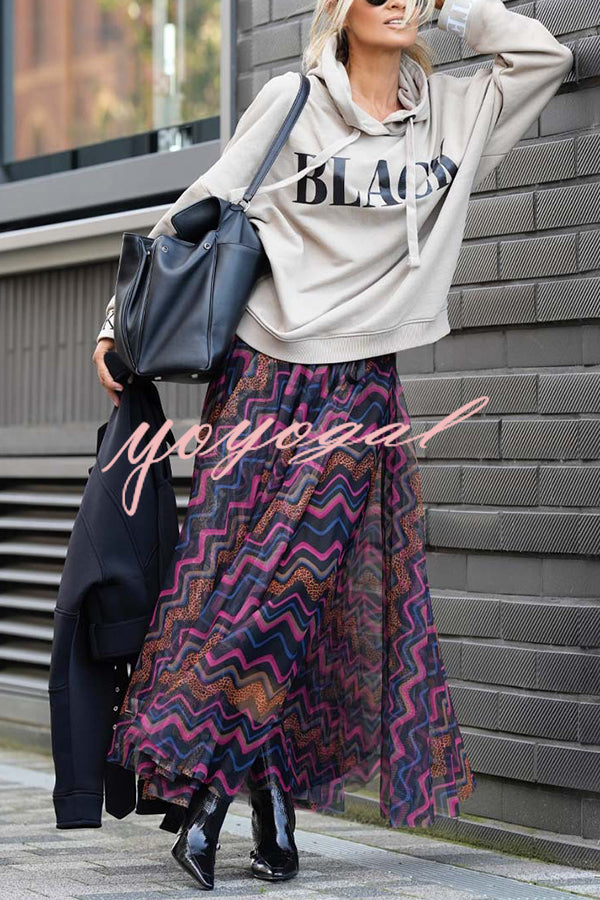 Unique Printed Large Hem Loose Mesh Maxi Skirt