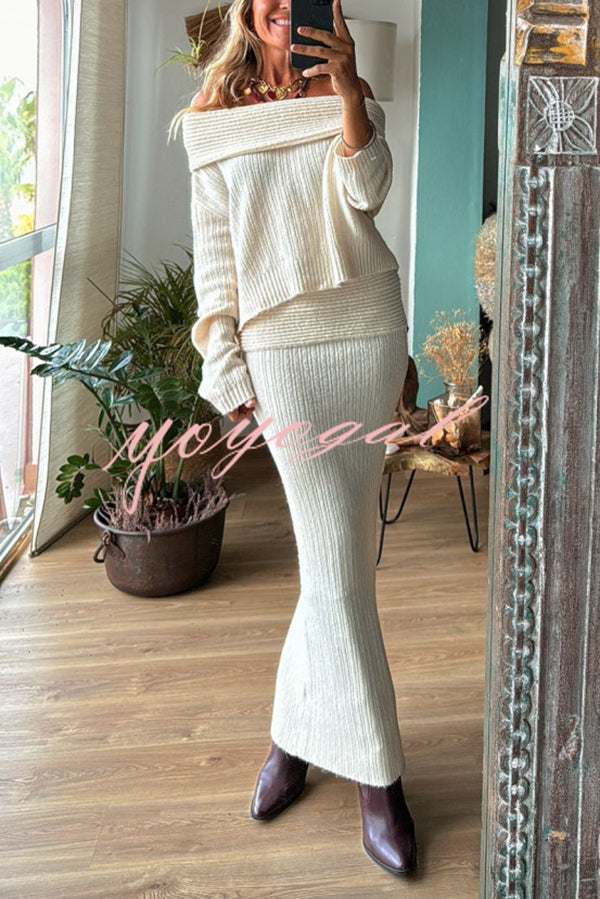 Luka Ribbed Knit Off Shoulder Long Sleeve Sweater and Stretch Maxi Skirt Set