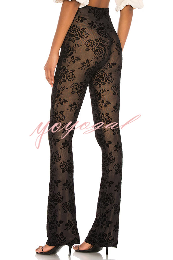 Romance Detail Flower Pattern Mesh Elastic Waist Stretch Flare Pants