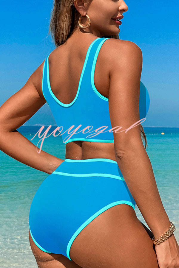 Solid Color Contrast High Waist Stretch Bikini Swimsuit