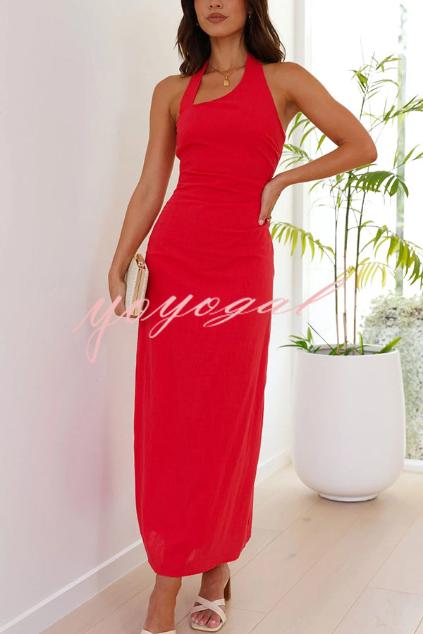 Solid Color Sleeveless Halter Neck Backless Slim Fit Maxi Dress