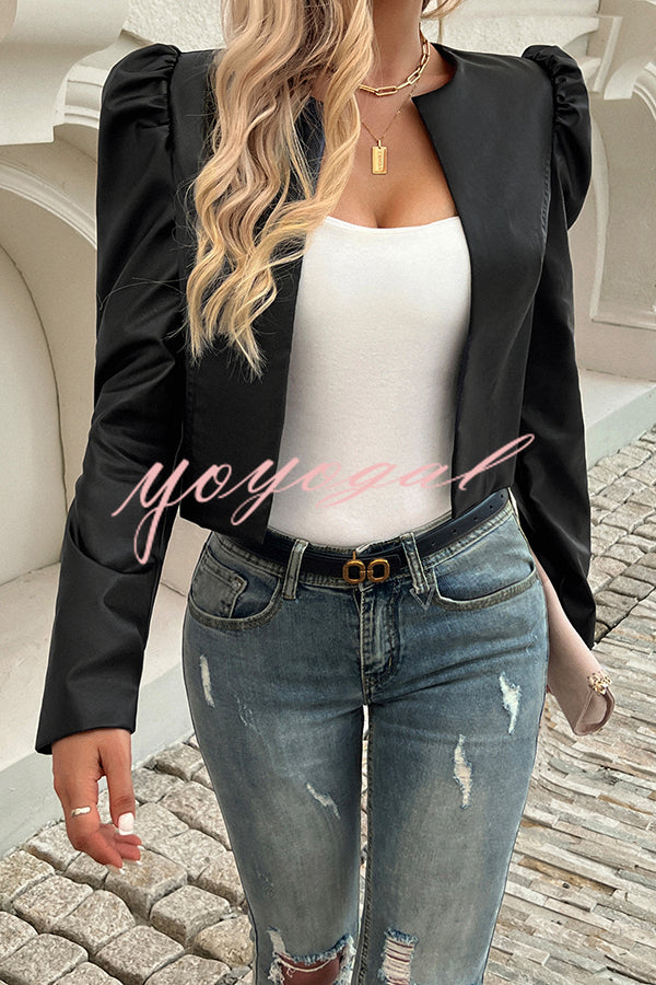 Yelissa Faux Leather Statement Long Sleeve Open Front Crop Jacket