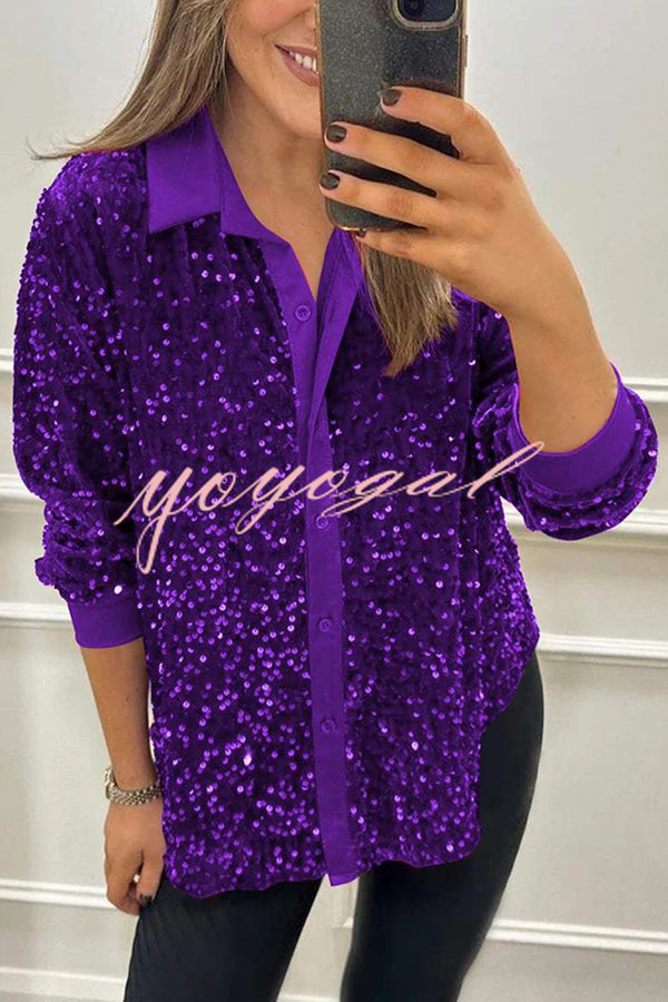 Fashion Velvet Sequined Loose Casual Long-sleeved Shirt