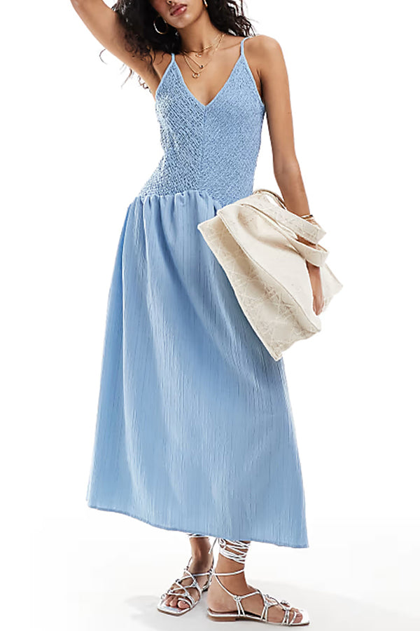 Fashionable V-neck Patchwork Smocked Sleeveless Suspender Midi Dress