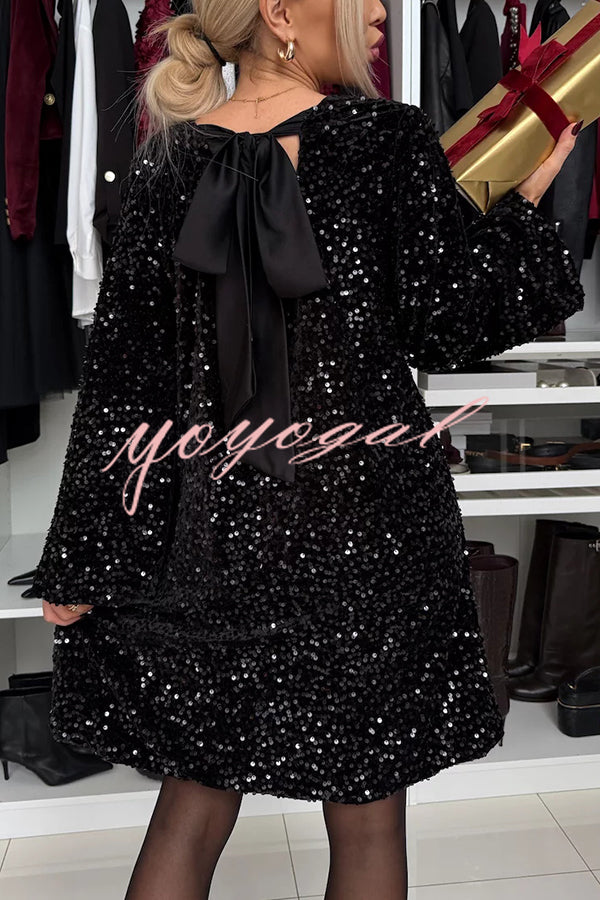 Velvet Sequin Back Bow Bell Sleeves Loose Mini Dress