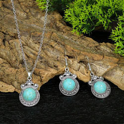 Vintage Court Ethnic Geometric Carved Turquoise Diamond Earrings Necklace Set