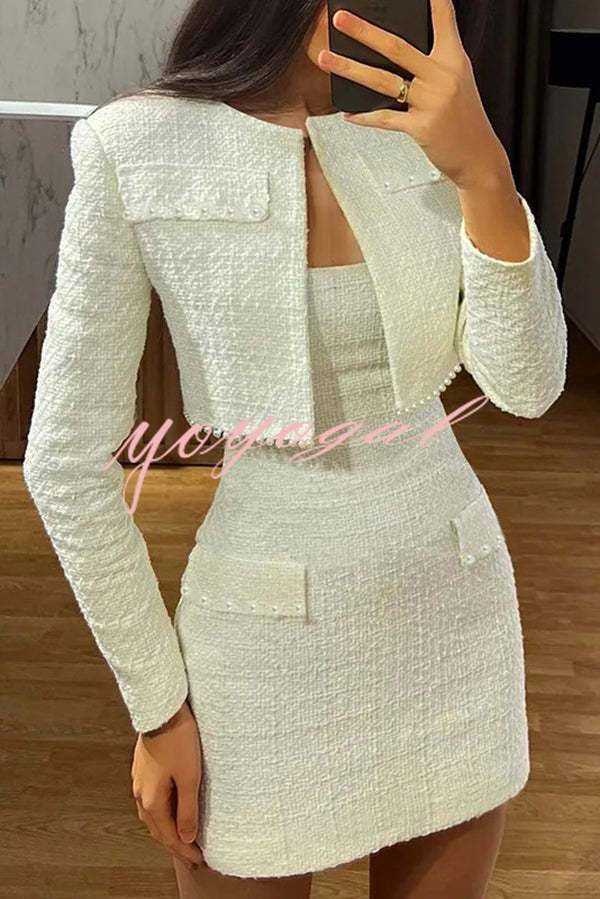 Stylish Sleeveless Tweed Sexy Slim Fit Pearl Embellished Mini Dress