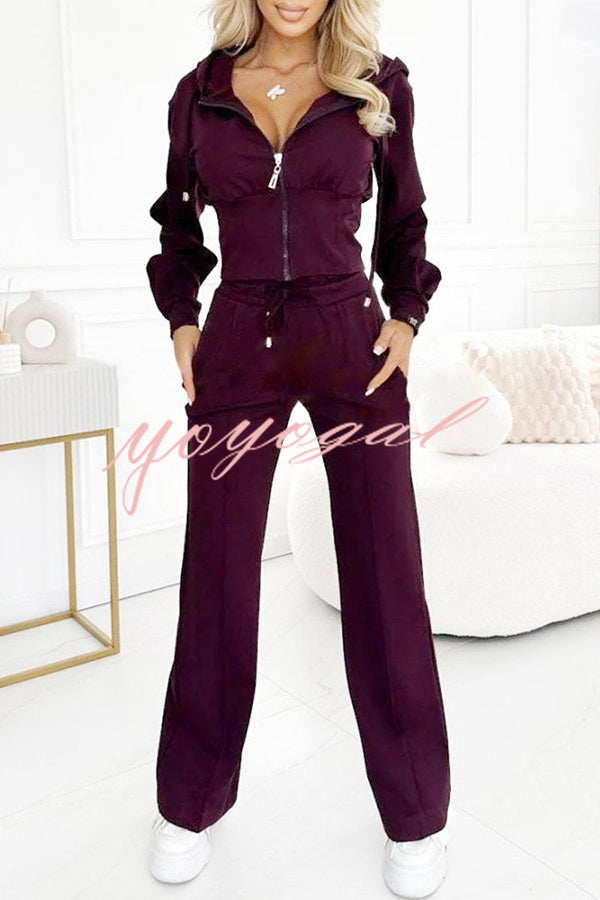 Solid Color Hooded Zip-up Jacket and Elastic Waist Pocket Wide-leg Pants Set