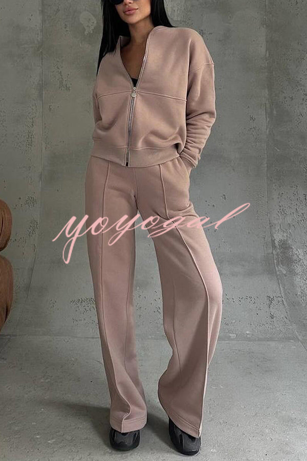 Solid Color Casual Long Sleeve Zipper Jacket and Elastic Waist Pocket Wide Leg Pants Set