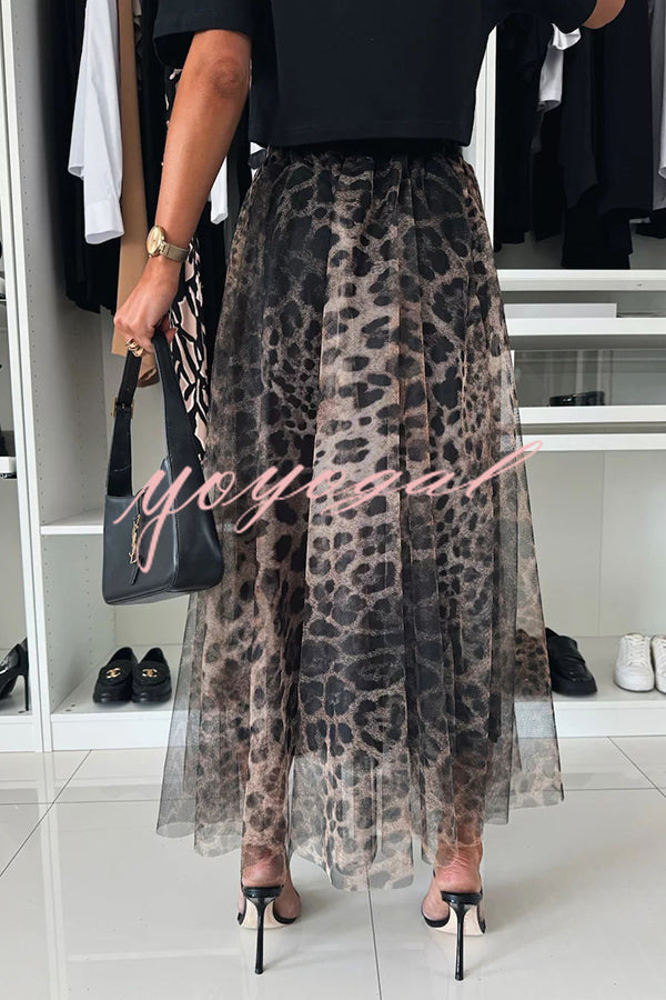 Autumn Jungle Tulle Leopard Print Elastic Waist A-line Maxi Skirt