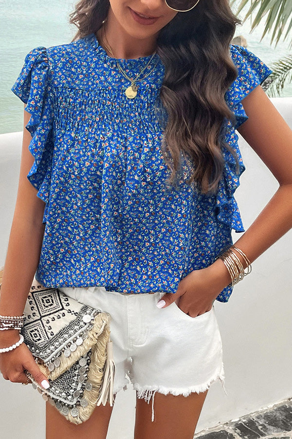 Floral Print Pleated Crew Neck Pullover Top