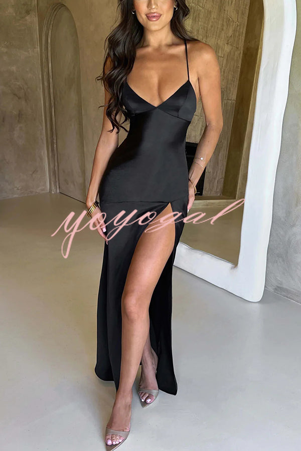 Satin Solid Color Sexy Backless Lace Up High Slit Maxi Dress