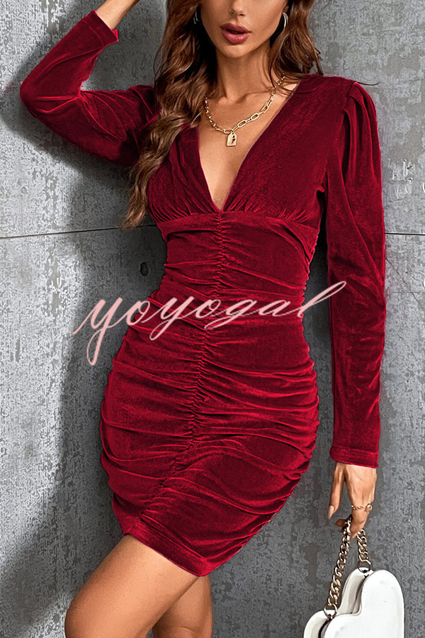 Solid Color Velvet Sexy V-neck Long Sleeve Ruched Mini Dress