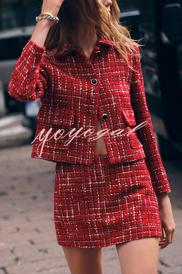 Tweed Plaid Textured Long-sleeved Casual Pocket Jacket