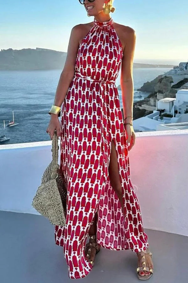 Unique Printed Sleeveless Halterneck Tie-waist Slit Maxi Dress