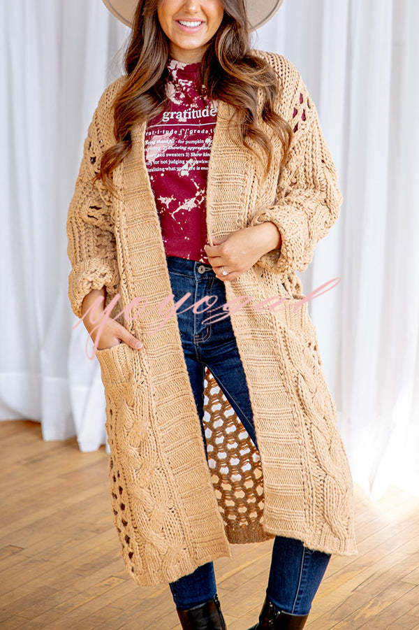 Jamila Knit Cable Cotout Long Sleeve Pocket Oversized Midi Cardigan