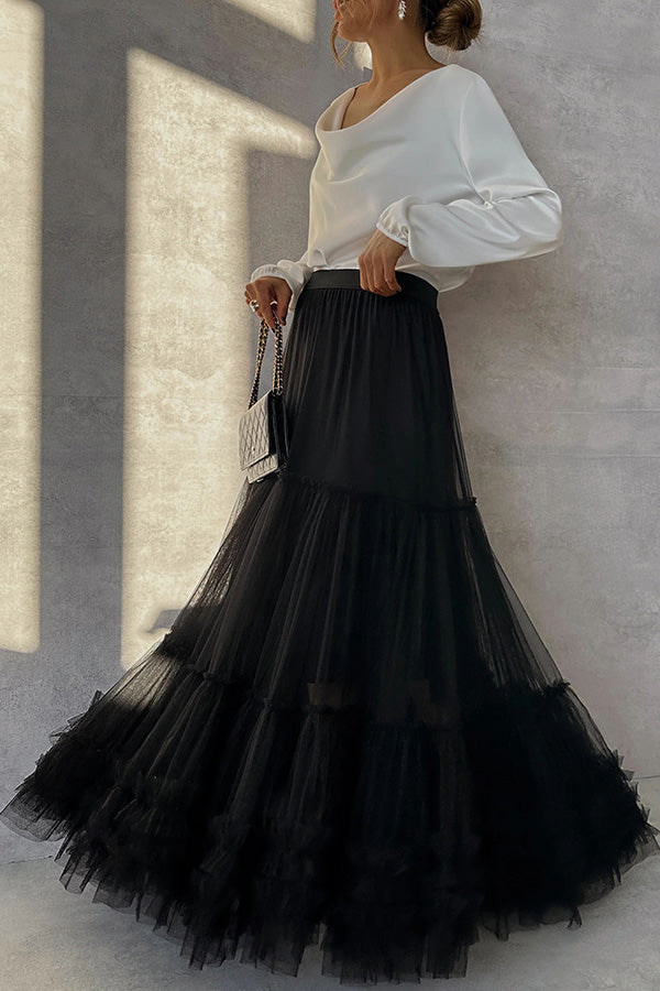 Surprising Tulle Paneled Stretch Waist Maxi Skirt