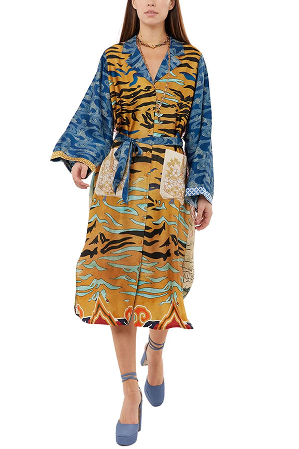 Tropical Jungle Tiger Unique Print  Long Sleeve Belt Pocketed Kimono Coat