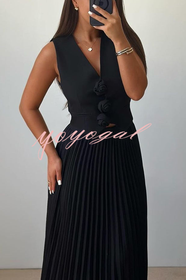 Stylish Rosette Sleeveless Tank Top and Pleated Maxi Skirt Set