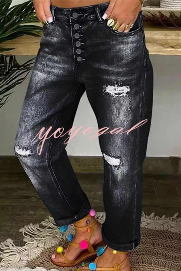 Stylish Ripped Low-rise Button Pocket Baggy Straight-leg Jeans