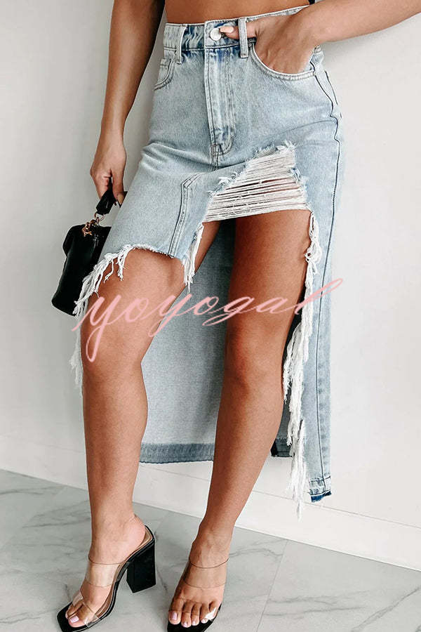 Darla Cutting Ties Heavily Distressed Denim Maxi Skirt