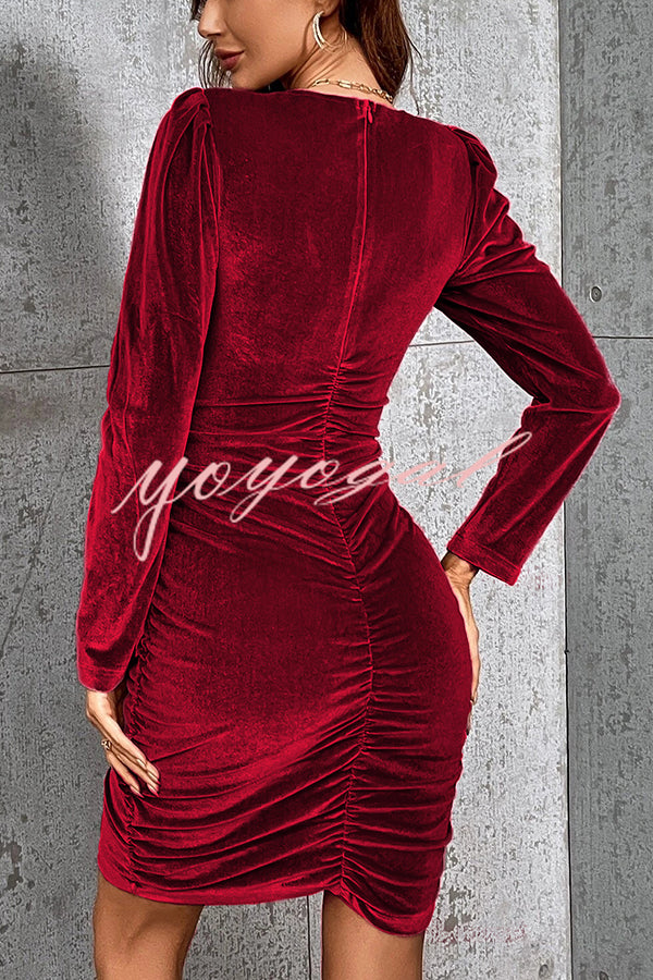 Solid Color Velvet Sexy V-neck Long Sleeve Ruched Mini Dress