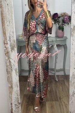 Harlen Satin Unique Printed Loose Shirt Top and Elastic Waist Maxi Skirt Set