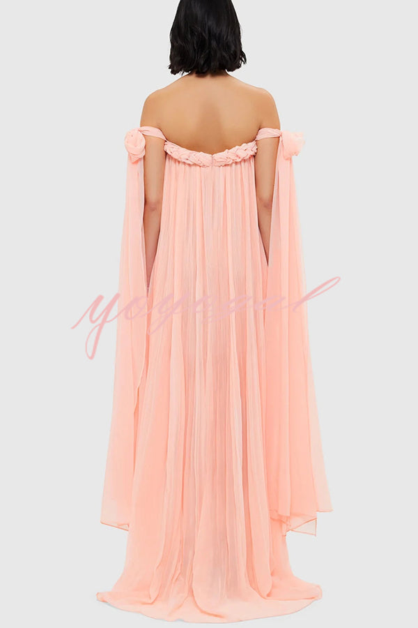 Fairy Spirit Tulle Braided Neckline Tie Arm Straps Pleated Maxi Dress