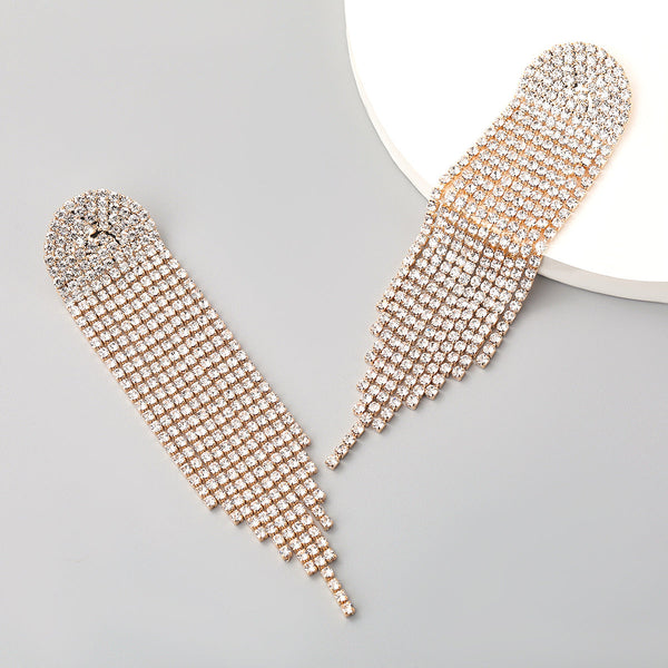 Geometric alloy diamond tassel earrings