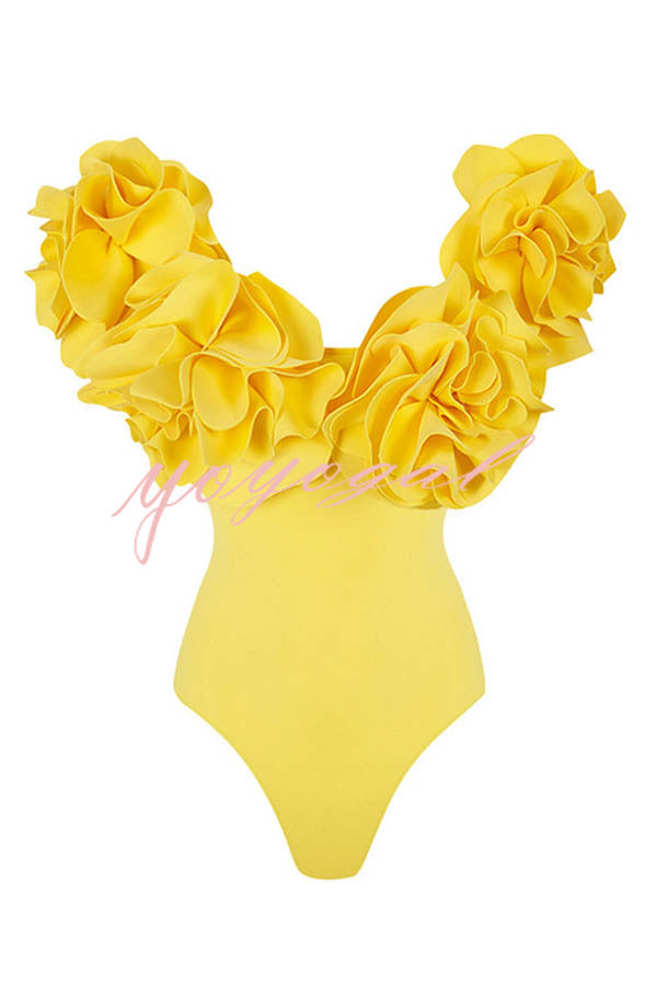 Solid Color 3D Flower Stretch One-piece Swimsuit