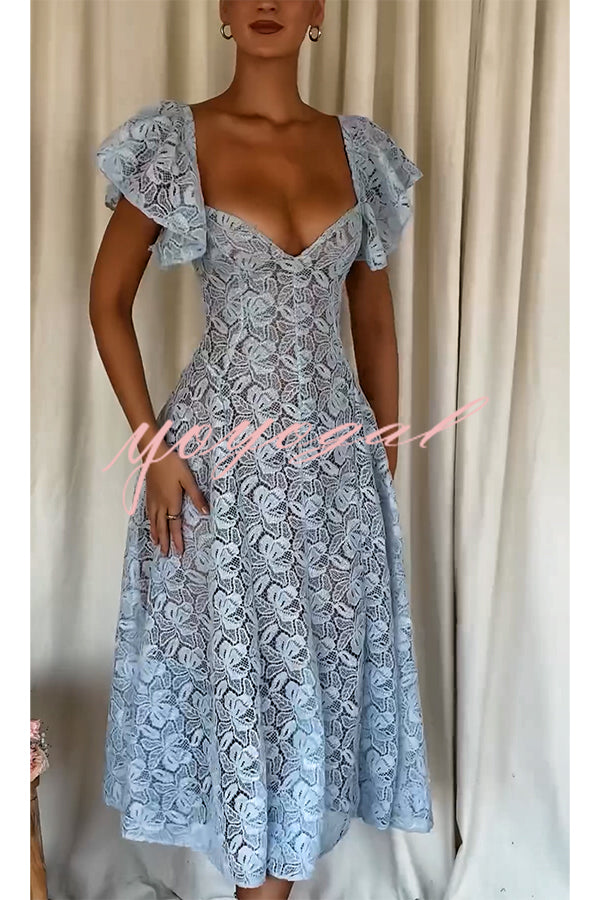 Romantic Atmosphere Bluebell Lace Butterfly Sleeve Sweetheart Neck Stretch Midi Dress