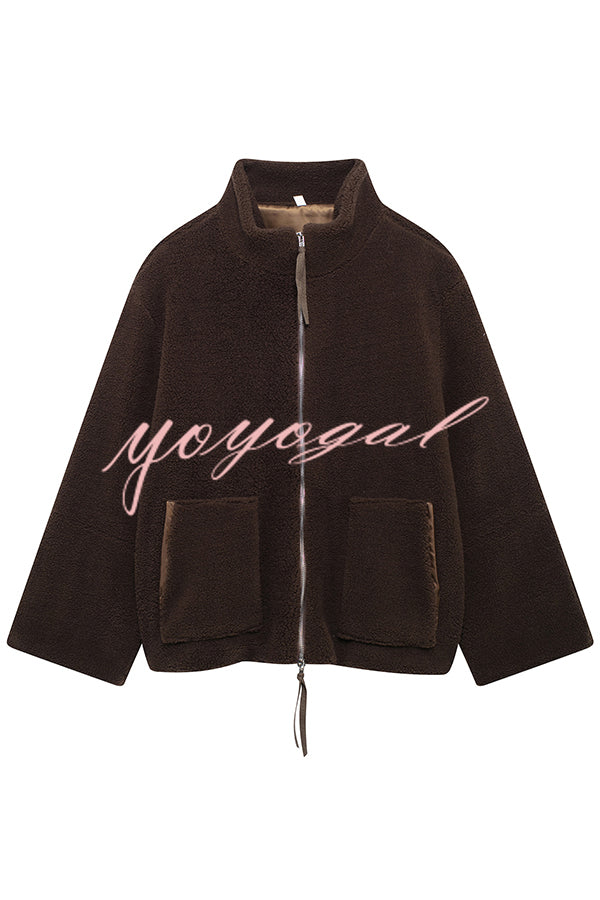 Solid Color Stitching High Collar Long Sleeve Loose Pocket Woolen Coat