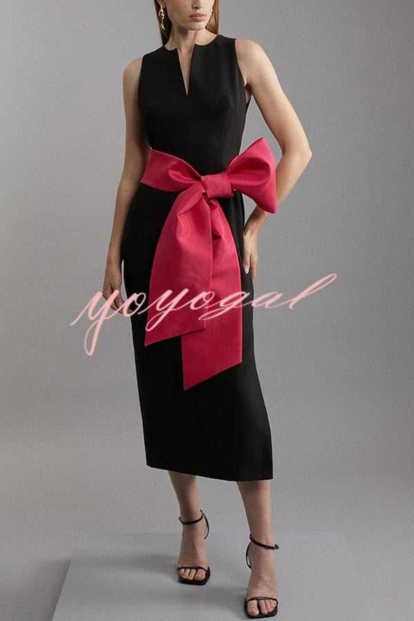 Clean Tailored Taffeta Contrast Oversized Bow Tie Waist Midi Dress