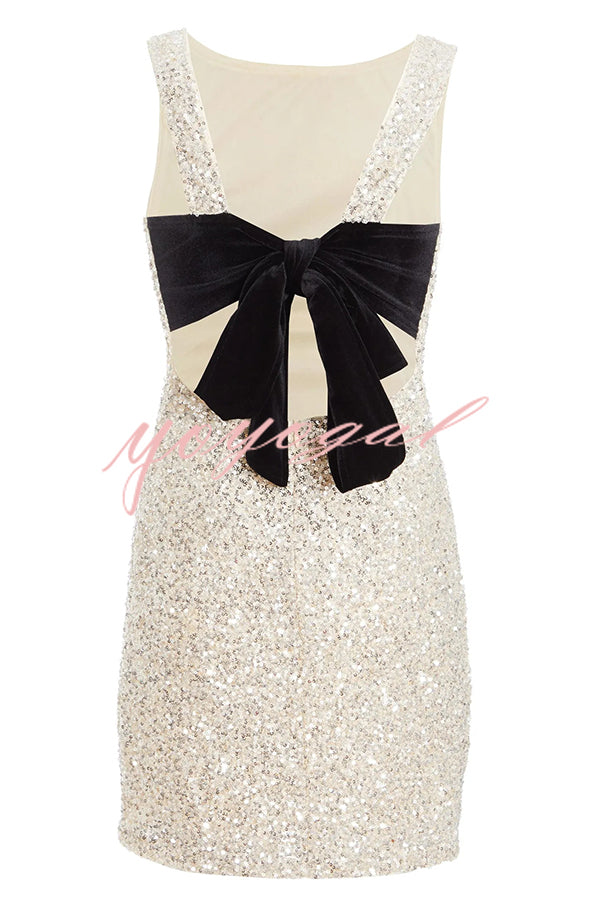 Party Time Starts Sequin Back Velevt Bow Detail Stretch Mini Dress