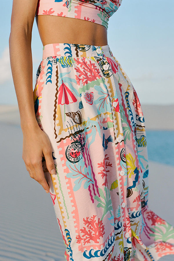 Multicolor Printed Sexy V Neck Halter Top and Midi Button-down Skirt Set