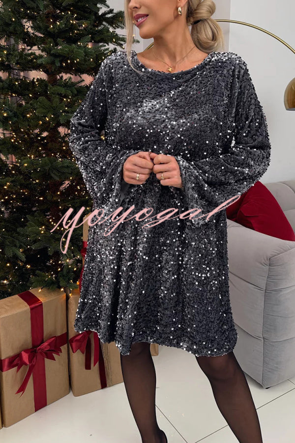 Velvet Sequin Back Bow Bell Sleeves Loose Mini Dress